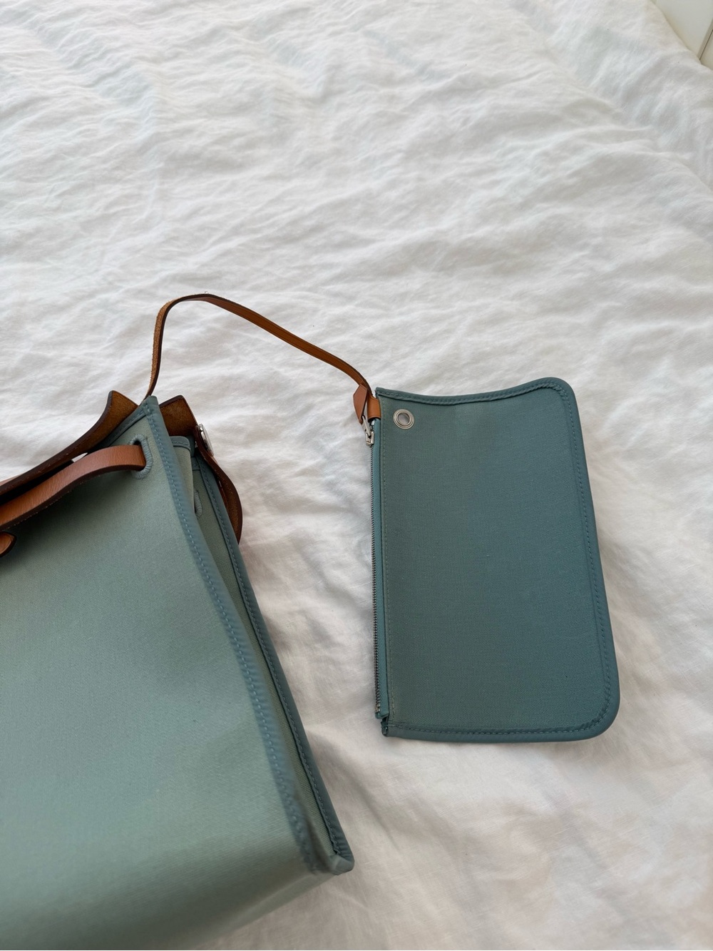 HERMES Herbag Zip 31 Hand Bag Canvas Leather 2way Green Palladium Authentic - Picture 10 of 16